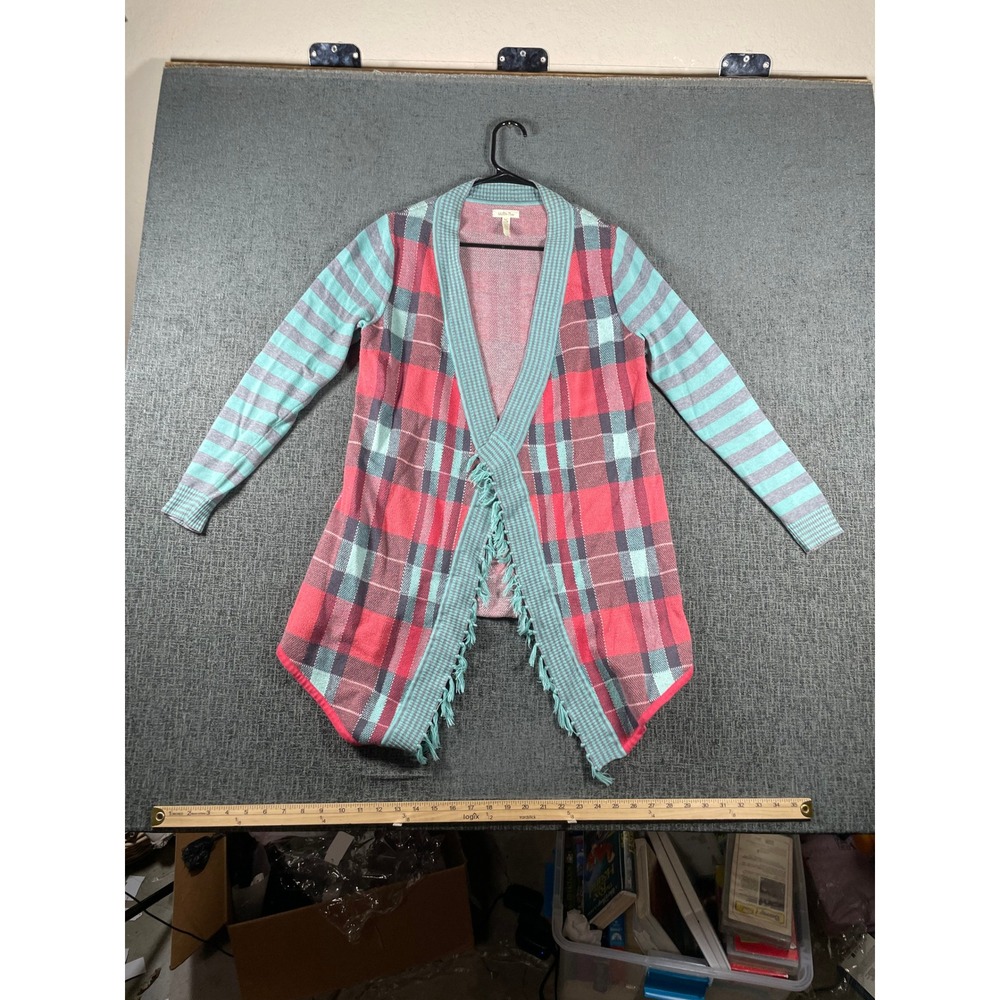 Matilda Jane Womens Plaid Striped Fringe Open Front Cardigan Pink Mint XS